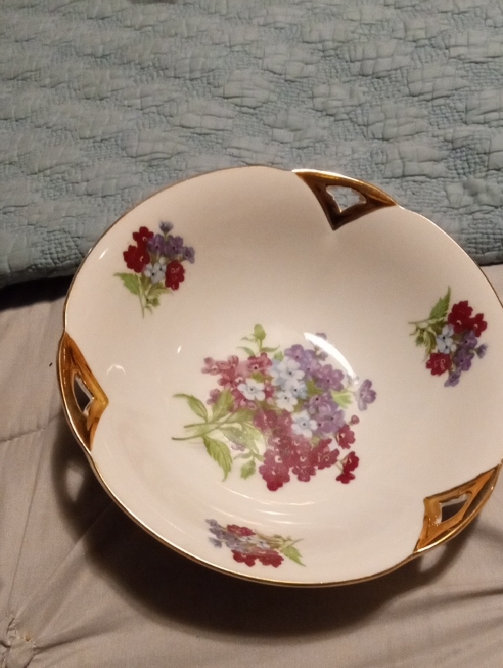 Lily White Porcelain Serving Bowl with Red & Purple Floral Motif and Gold Trim